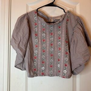 Anthropologie Taupe Blouse with Floral Embroidery
